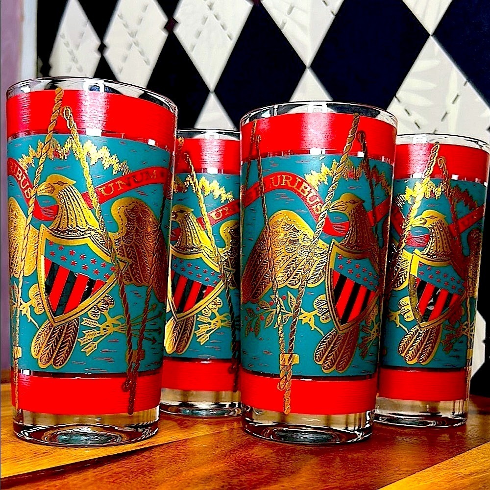 American Eagle & Regimental Drum Cera Glass Set of 4 | Americana Barware